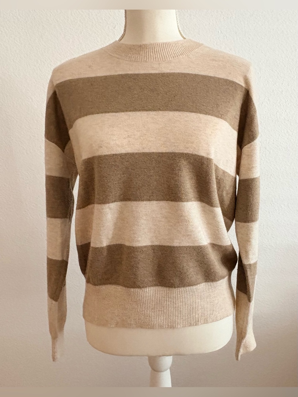 Splendid Oat Beige Striped Crewneck Sweater Small Cozy Wool Blend Knit